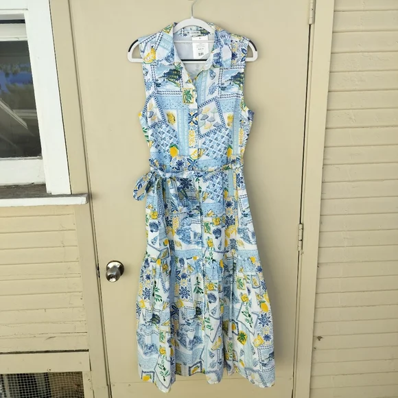J. Crew Lemon Floral Beach Print Sleeveless Midi‎ Shirt Dress 100% Cotton - Picture 2 of 8